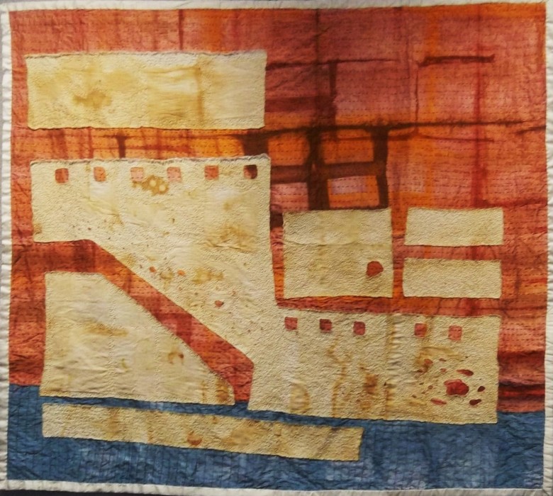 embroidery on appliqued, shibori, rust-printed, and discharged fabrics